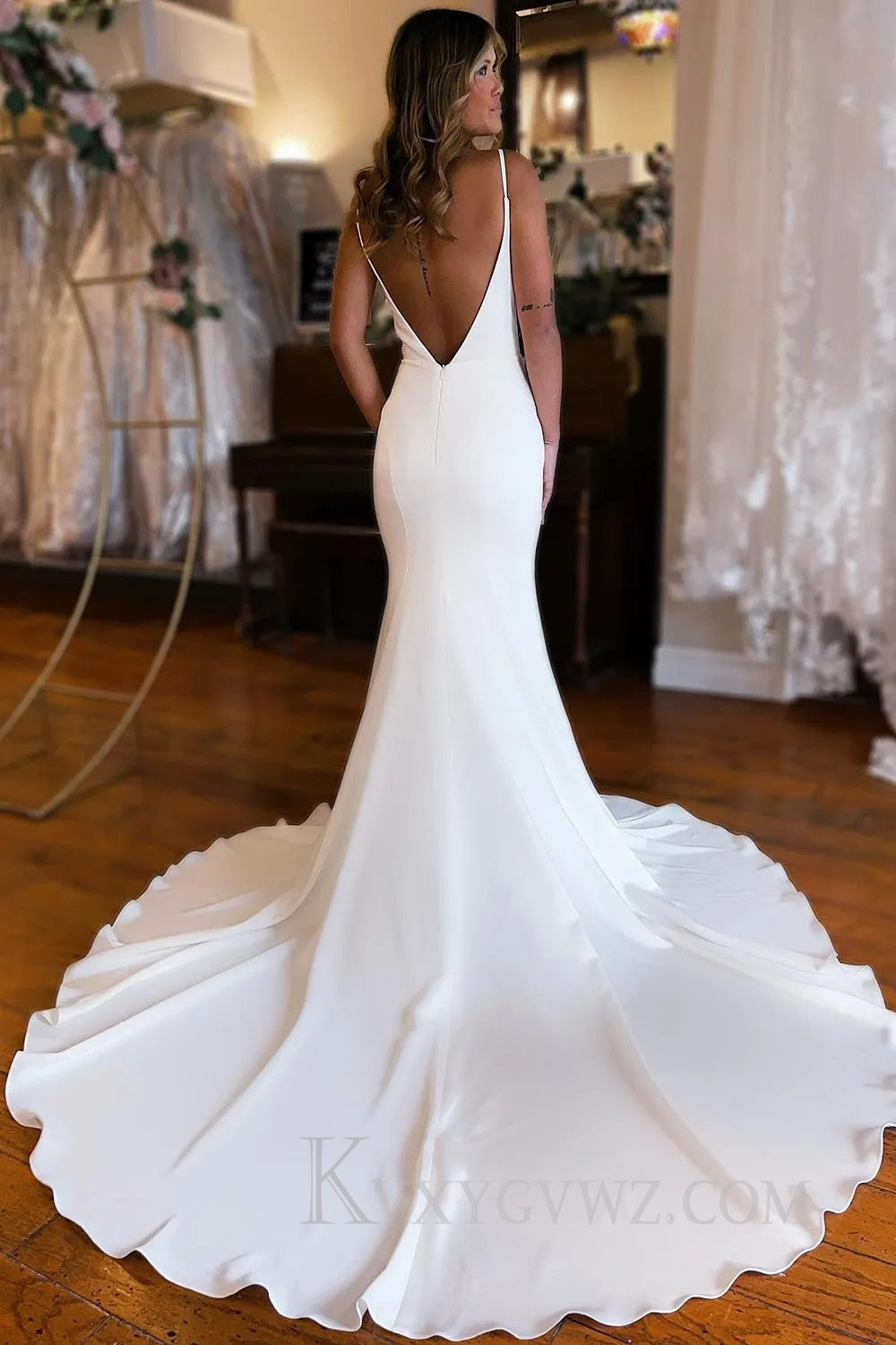 Simple White Mermaid Backless Boho Wedding Dress HS384