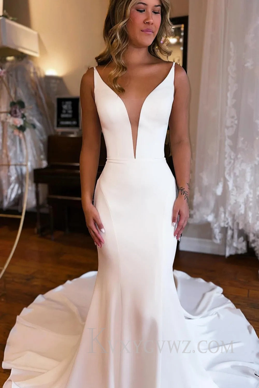 Simple White Mermaid Backless Boho Wedding Dress HS384