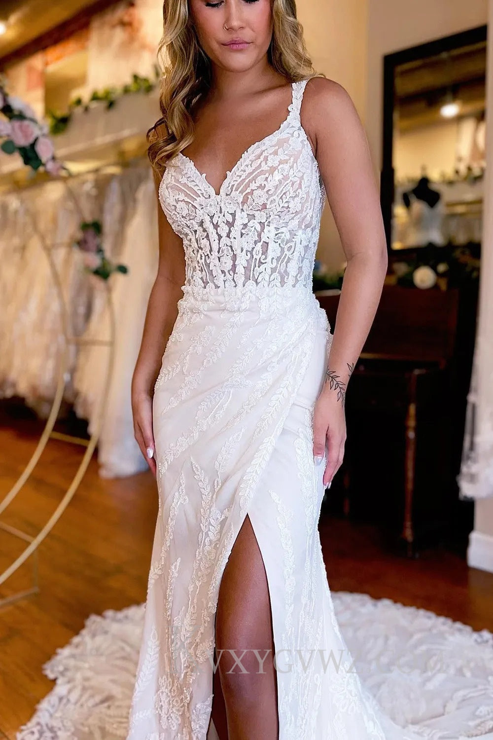 White V-Neck Sheath Long Lace Wedding Dress with Slit HS385