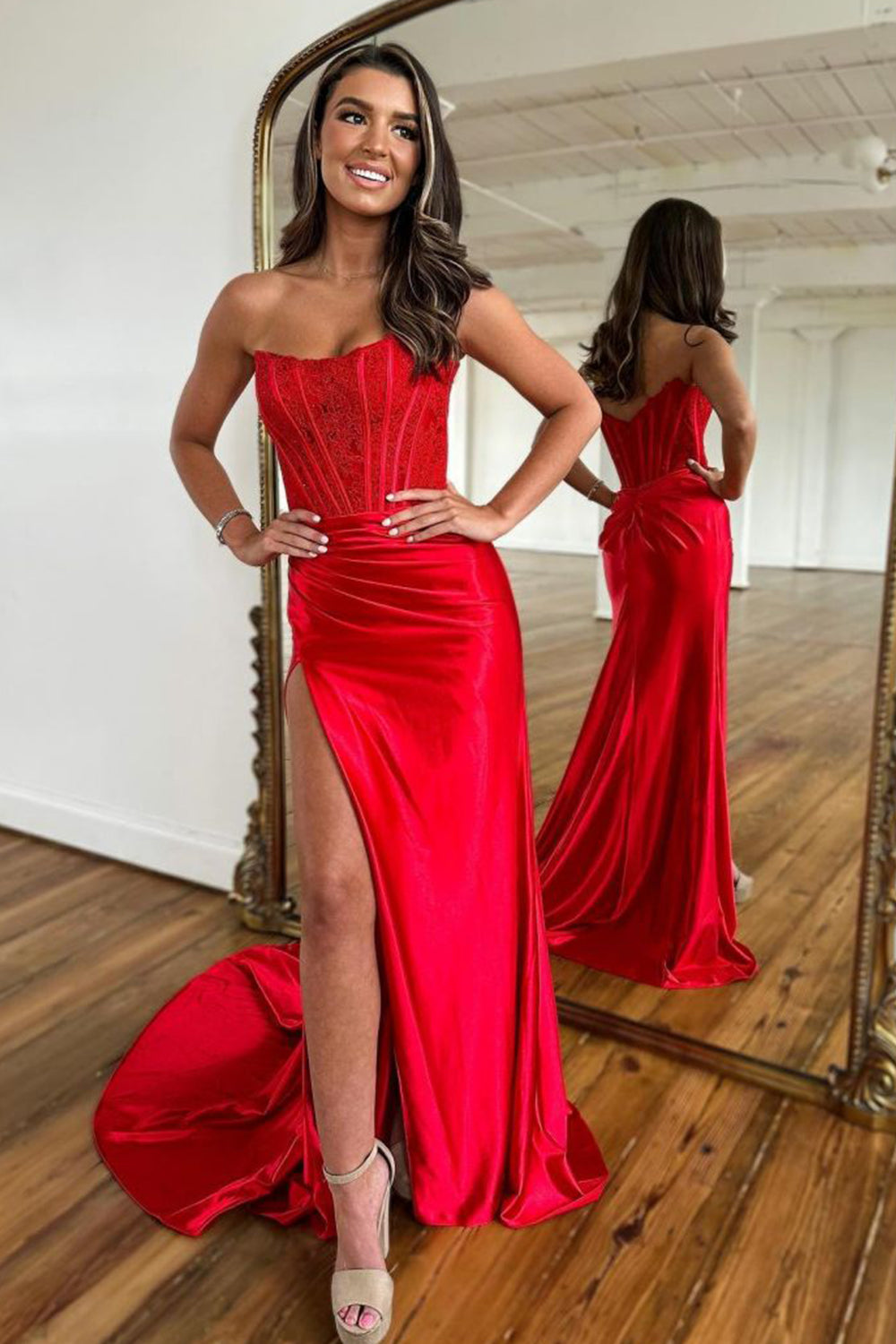 Fuchsia Conspicuous Sheath Corset Long Prom Dress Gown with Slit LF1345