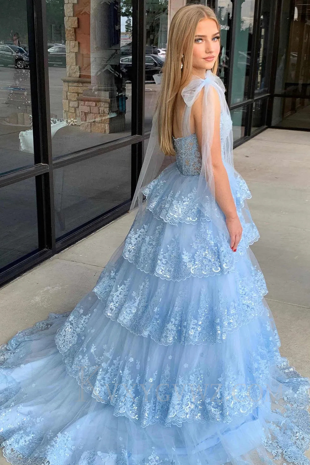 Blue Ruffled Tiered Lace A-Line Long Prom Dress LF039