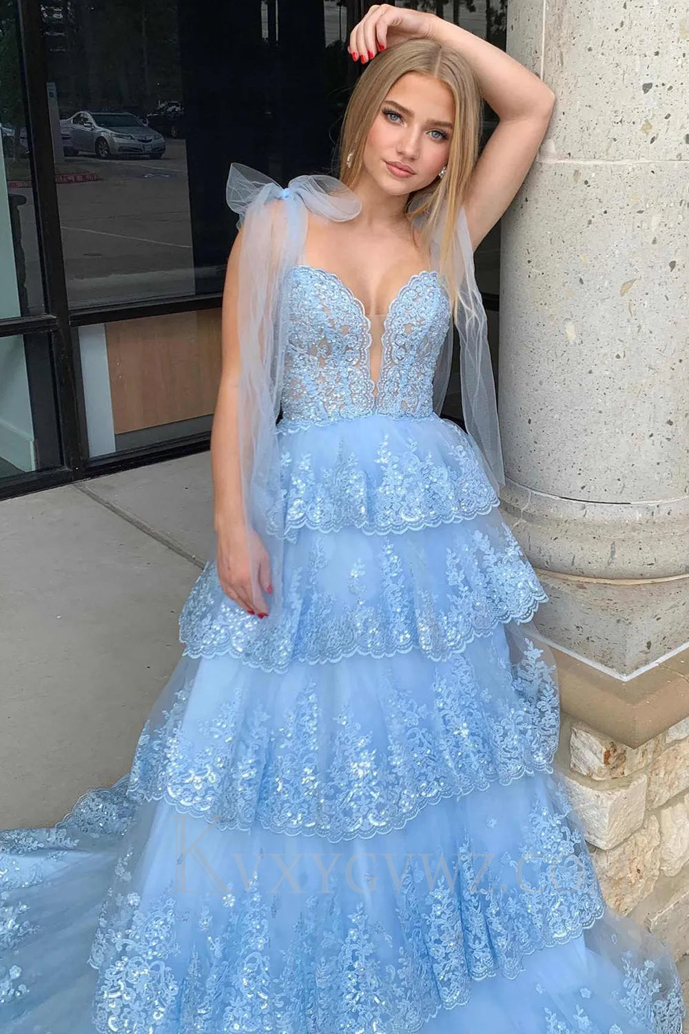 Blue Ruffled Tiered Lace A-Line Long Prom Dress LF039