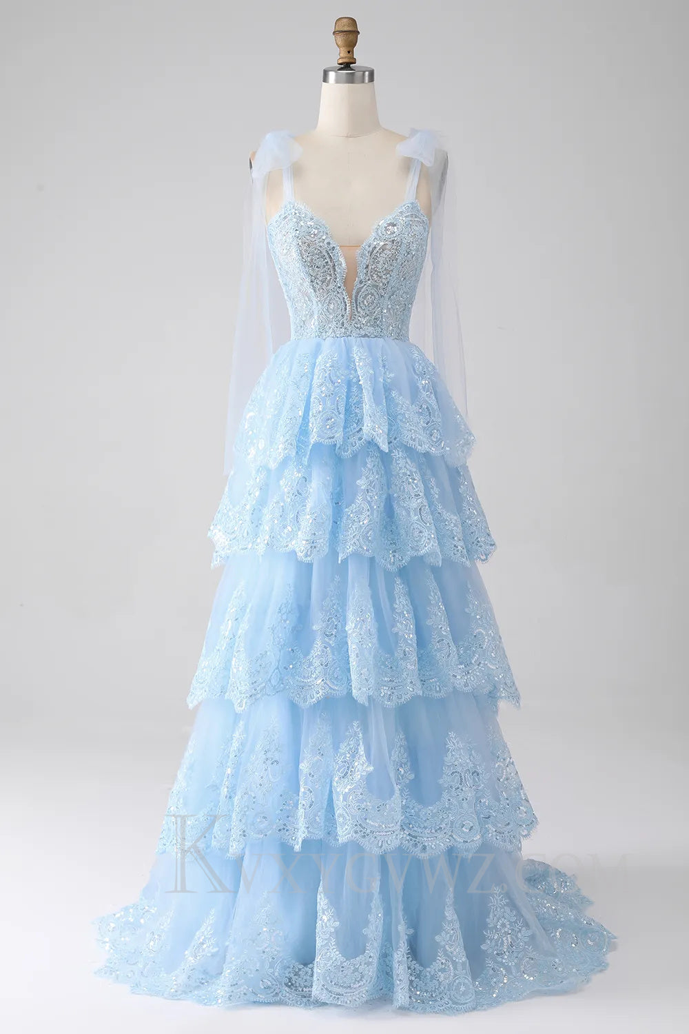 Blue Ruffled Tiered Lace A-Line Long Prom Dress LF039