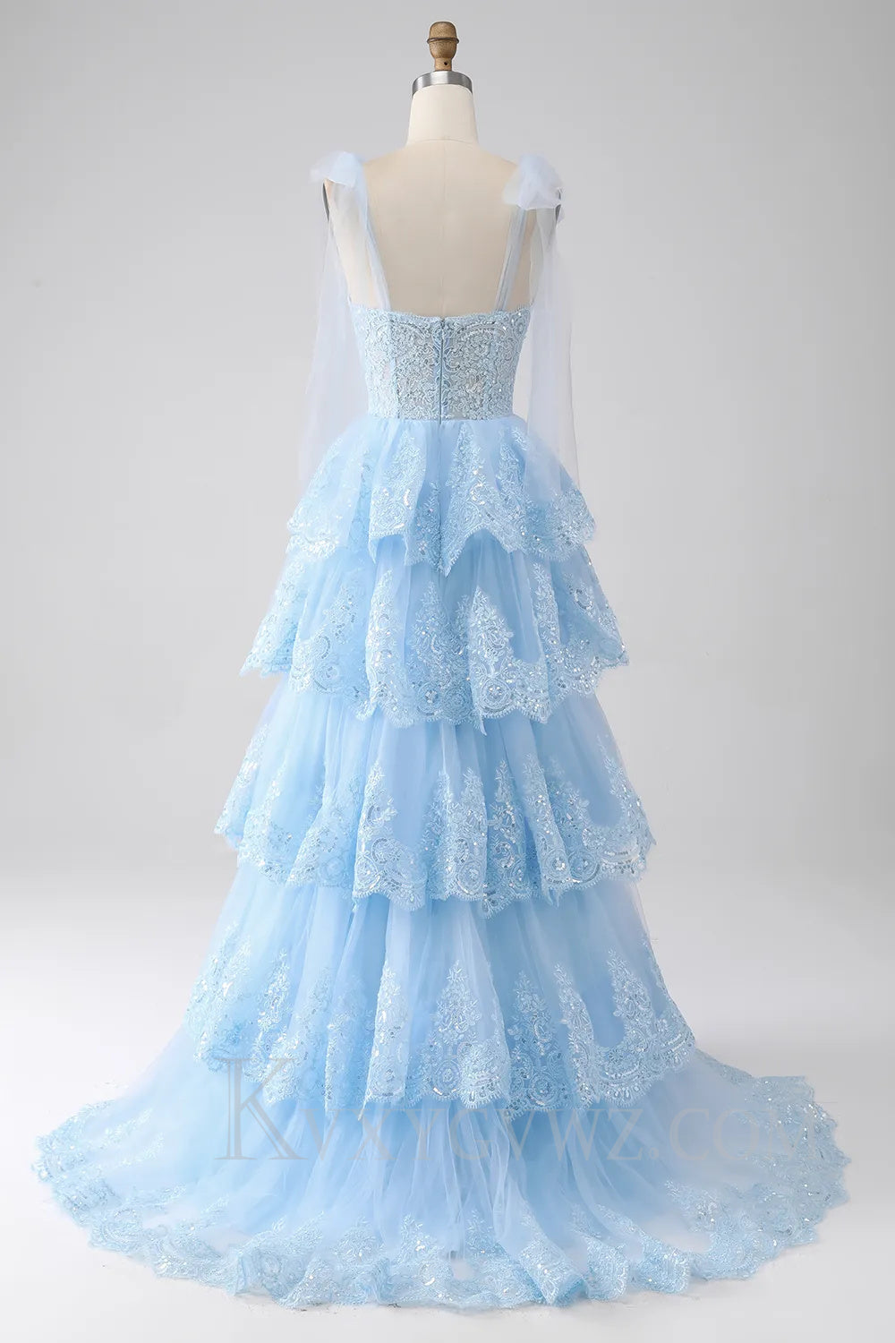 Blue Ruffled Tiered Lace A-Line Long Prom Dress LF039