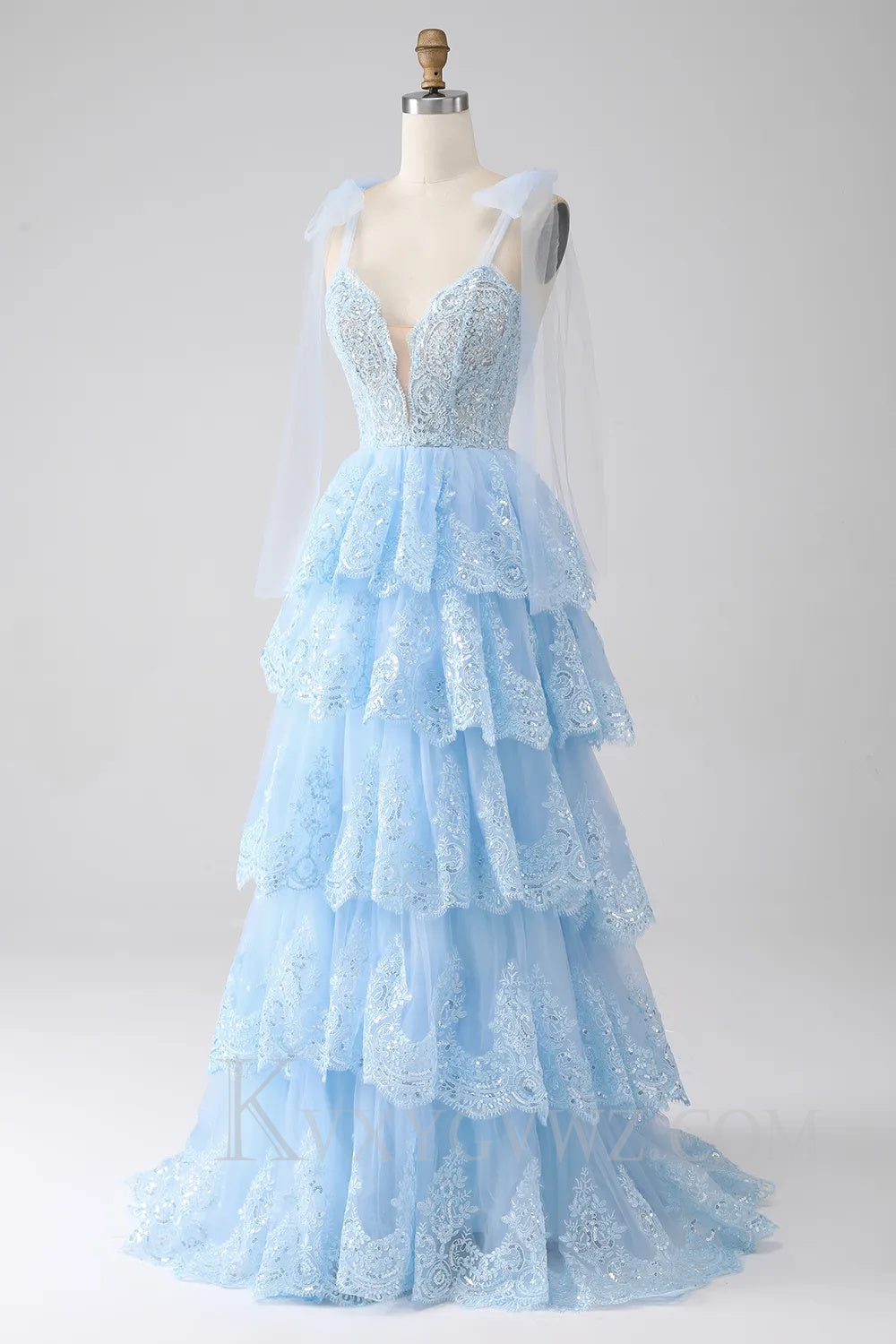 Blue Ruffled Tiered Lace A-Line Long Prom Dress LF039