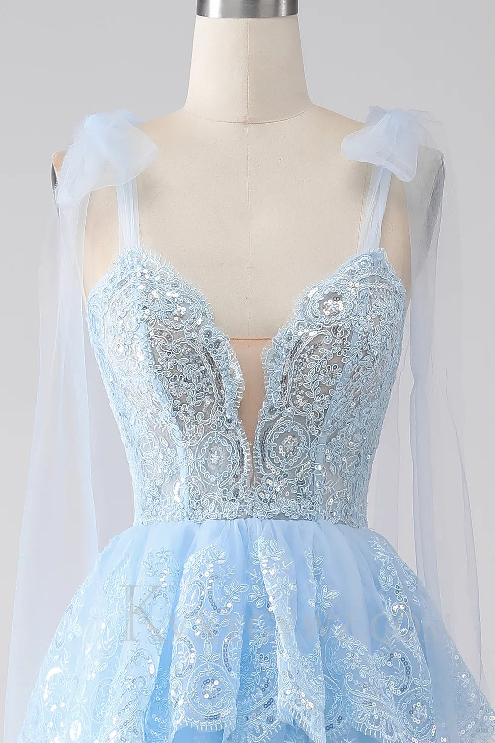 Blue Ruffled Tiered Lace A-Line Long Prom Dress LF039