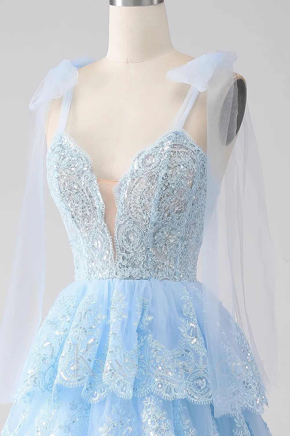 Blue Ruffled Tiered Lace A-Line Long Prom Dress LF039