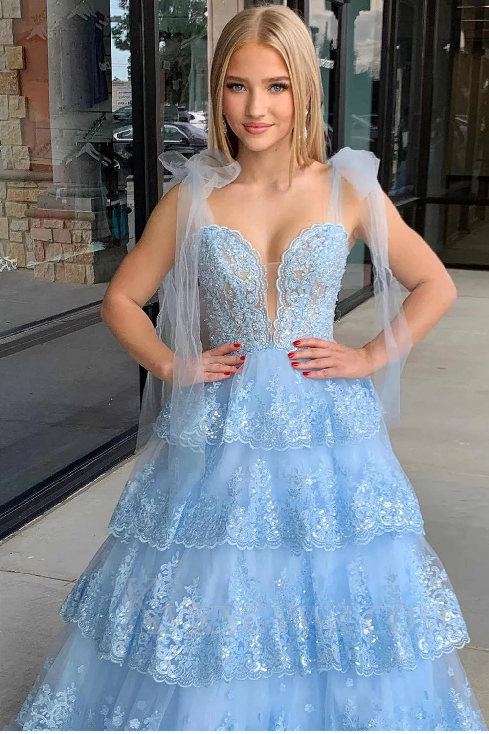 Blue Ruffled Tiered Lace A-Line Long Prom Dress LF039