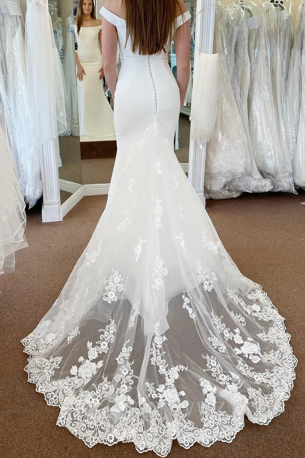 White Off the Shoulder Long Mermaid Wedding Dress with Lace HS391