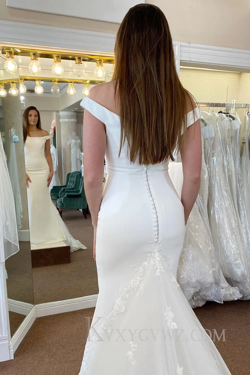 White Off the Shoulder Long Mermaid Wedding Dress with Lace HS391