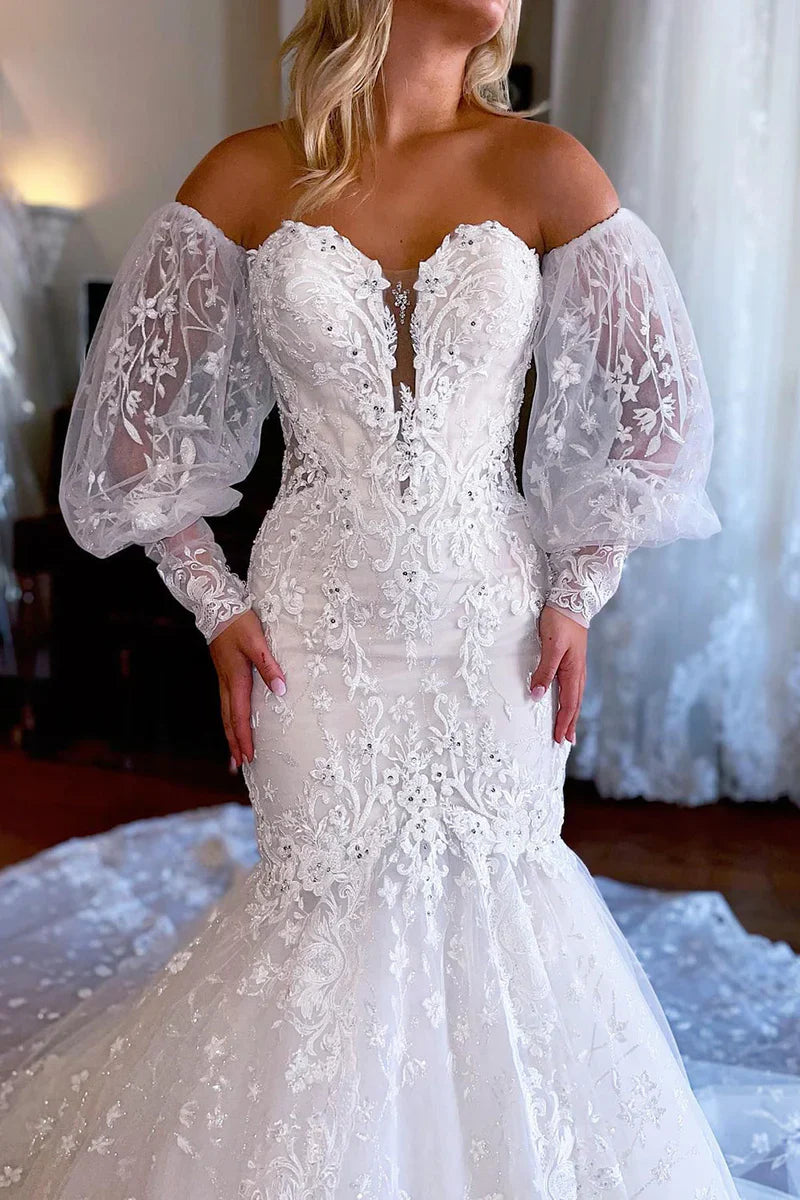 Gorgeous Mermaid Sweetheart Lace Wedding Dresses/Gowns with Sleeves HS2410214