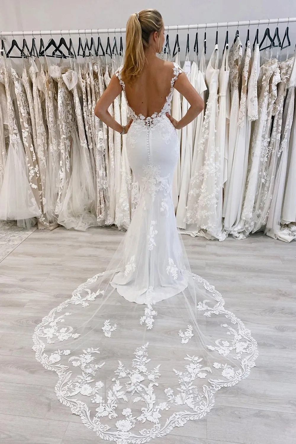 White Mermaid Deep V-Neck Cap Sleeves Long Wedding Dress with Lace HS396