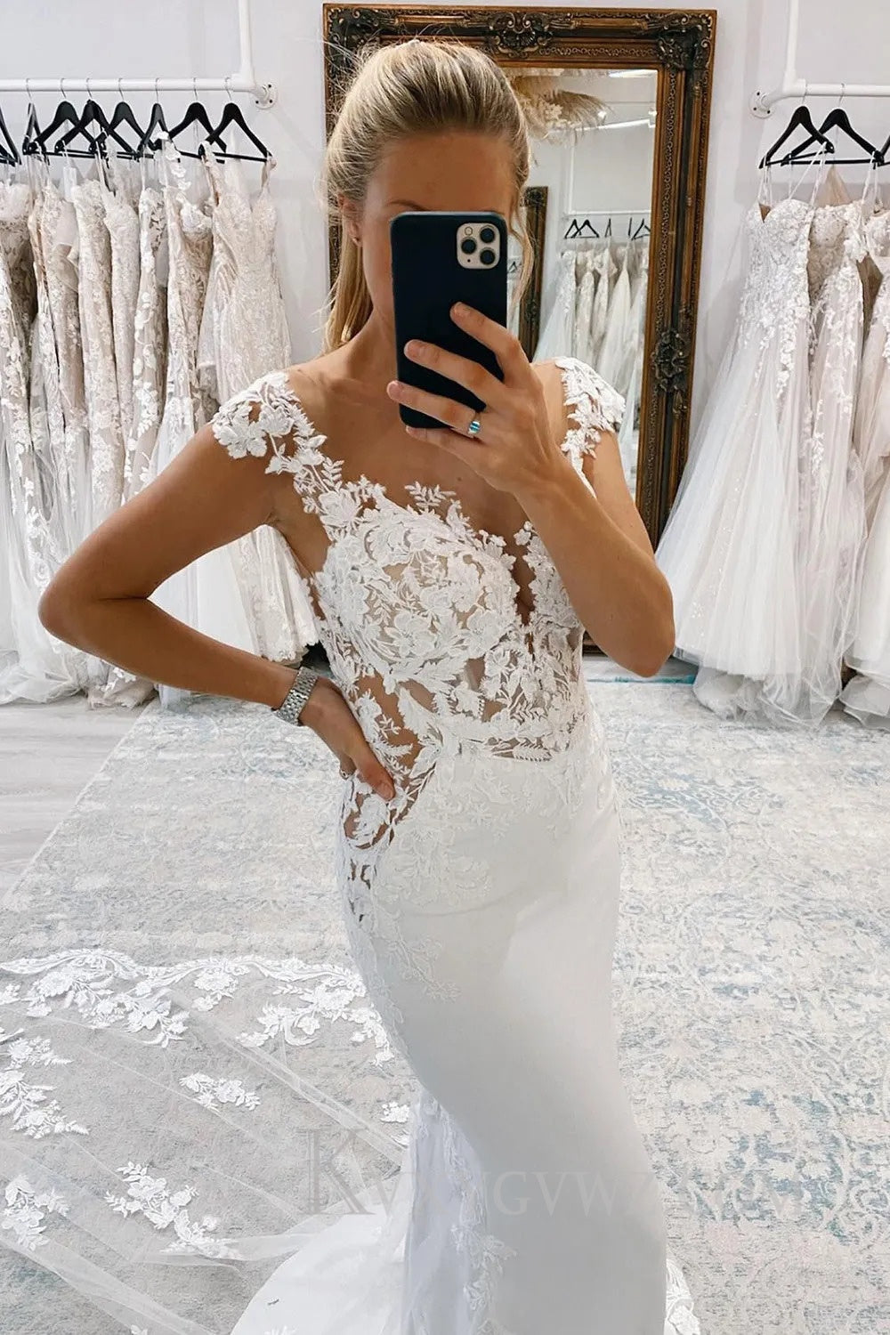 White Mermaid Deep V-Neck Cap Sleeves Long Wedding Dress with Lace HS396