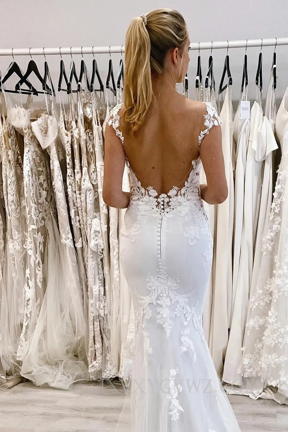White Mermaid Deep V-Neck Cap Sleeves Long Wedding Dress with Lace HS396