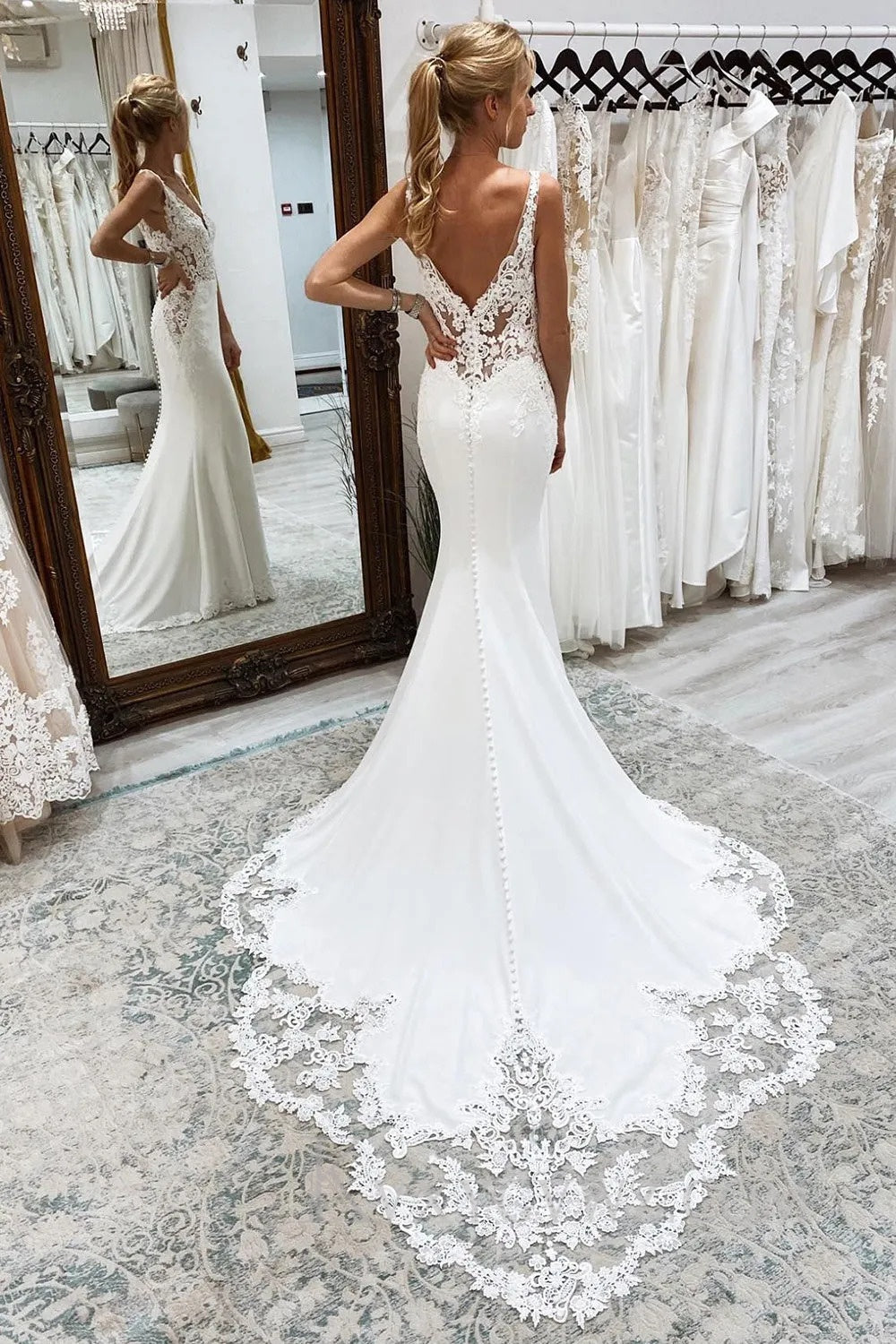 Mermaid White Deep V-Neck Long Wedding Dress with Lace HS397