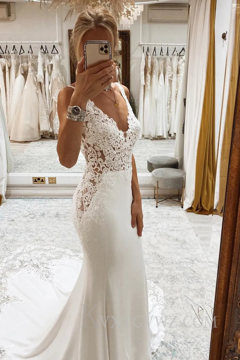 Mermaid White Deep V-Neck Long Wedding Dress with Lace HS397