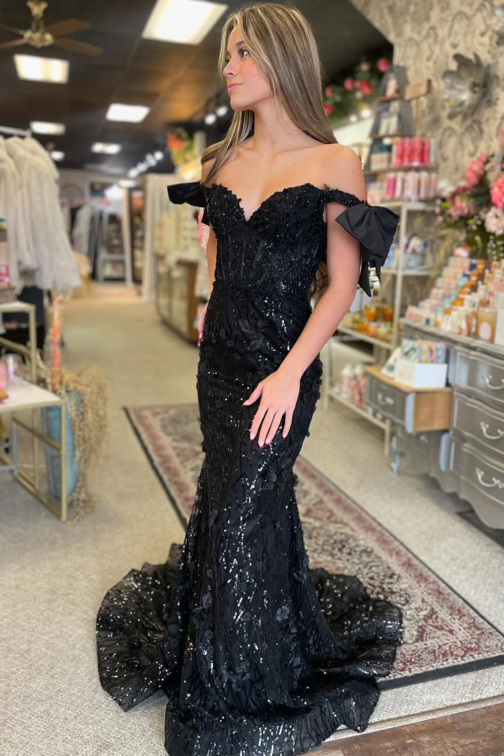 Stunging Mermaid Off the Shoulder Black Sequins Lace Prom Dress Gown LF1208