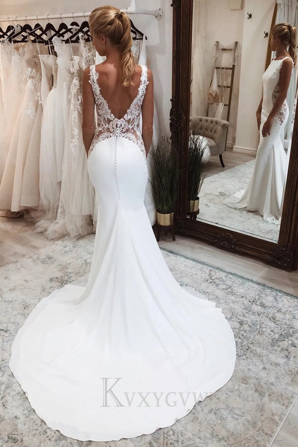 White Long Mermaid Boho Wedding Dress with Lace HS399