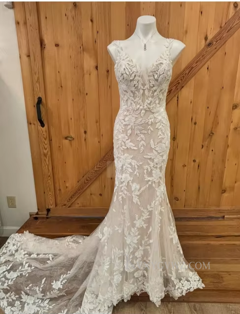 Deep V Neck Sweep Train Lace Wedding Gown/Dress With Appliques HS406