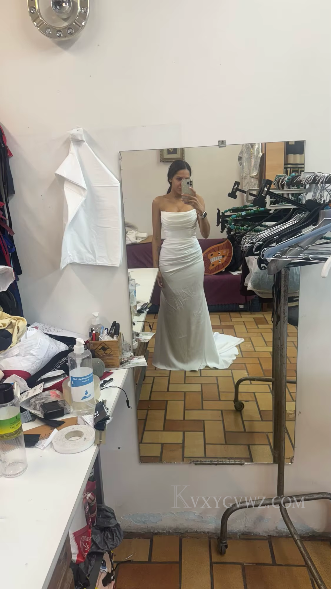 Strapless Satin Ruffles Sweep Train Wedding Gown/Dress HS408