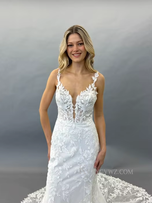 Deep V Neck Sweep Train Lace Wedding Gown/Dress With Appliques HS406