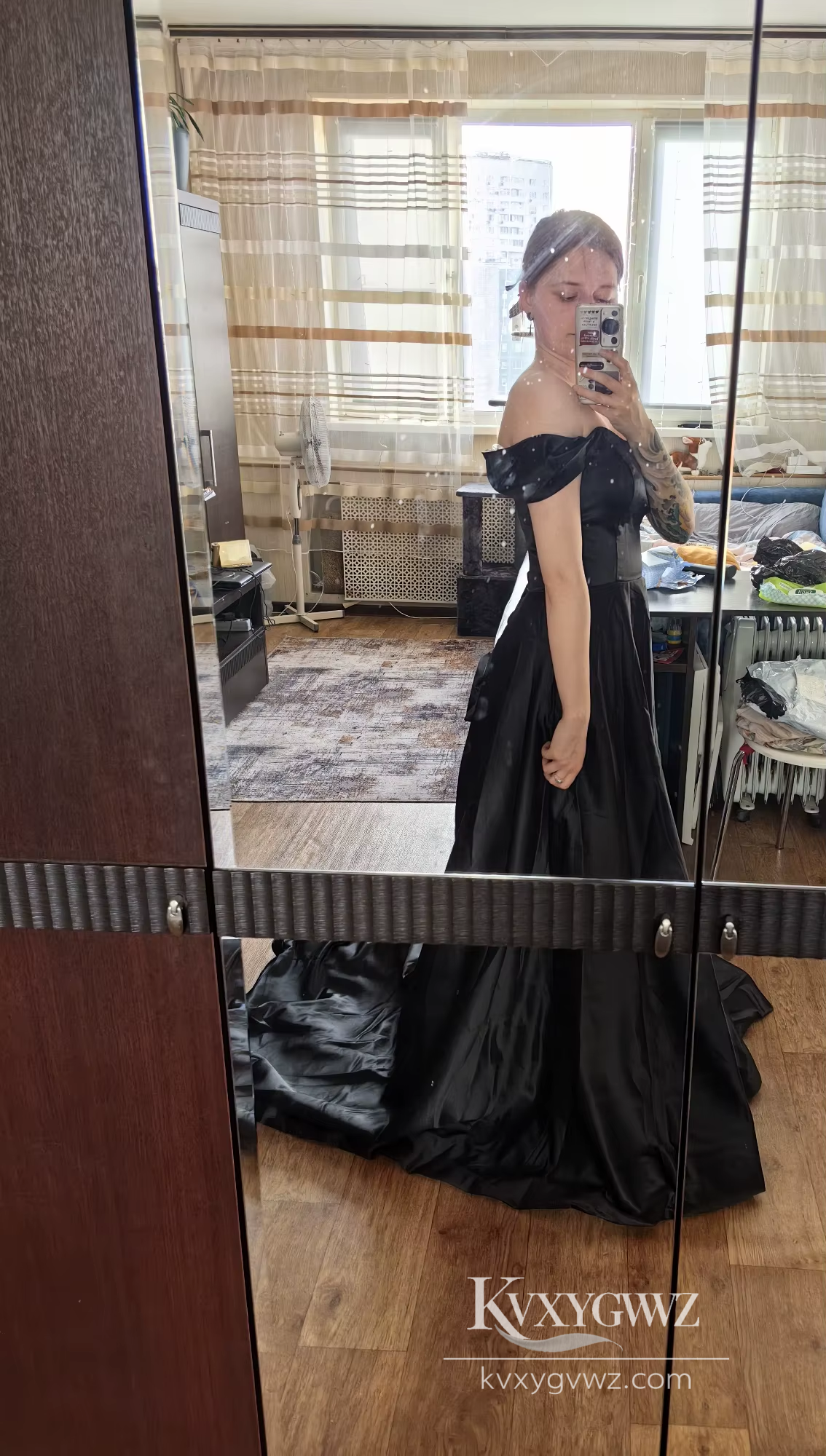 Modern Off-Shoulder Satin A-Line Wedding Dress with High Slit for a Chic Bridal Gown HS464