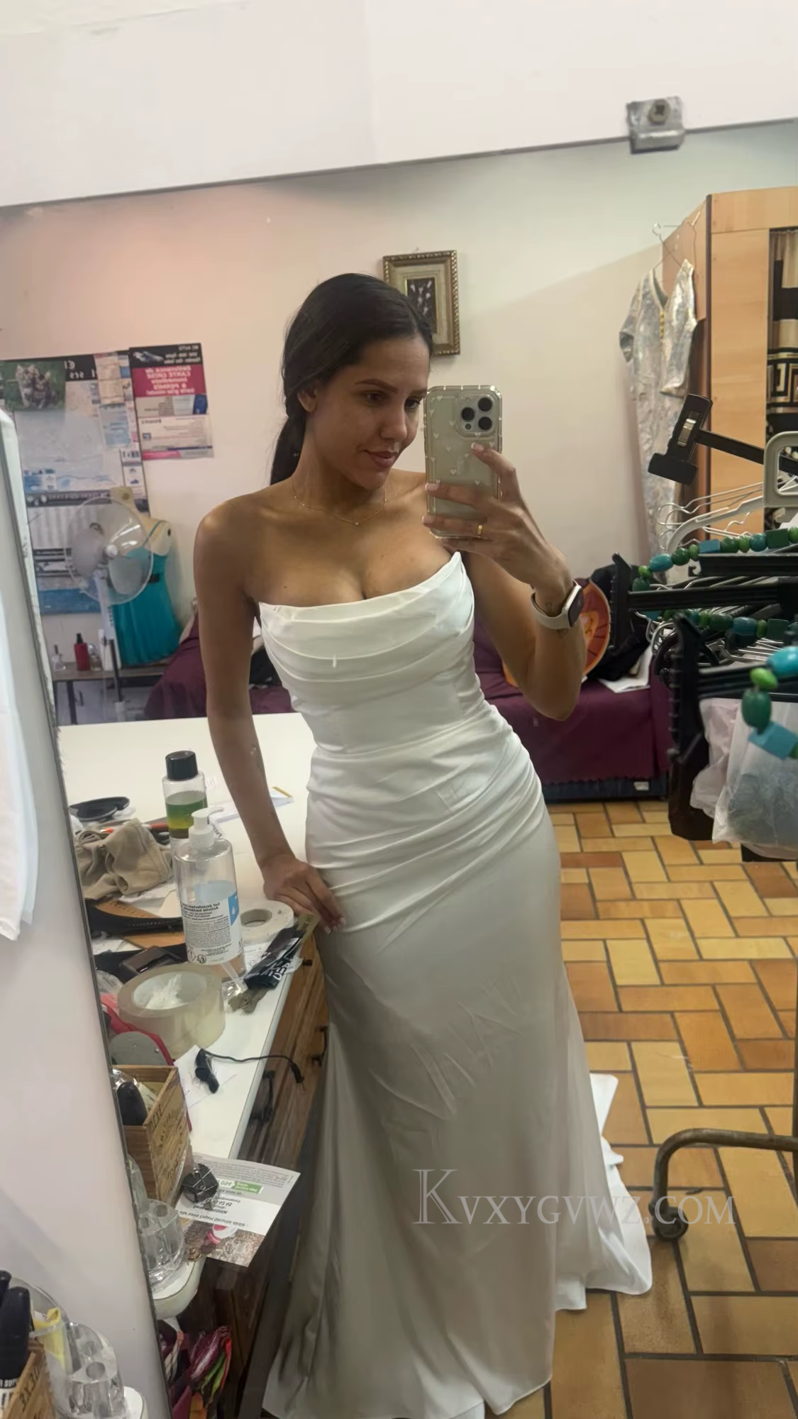 Strapless Satin Ruffles Sweep Train Wedding Gown/Dress HS408
