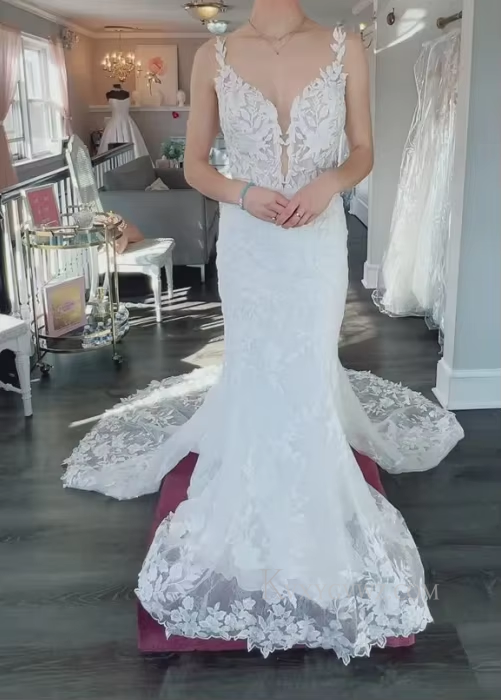 Deep V Neck Sweep Train Lace Wedding Gown/Dress With Appliques HS406