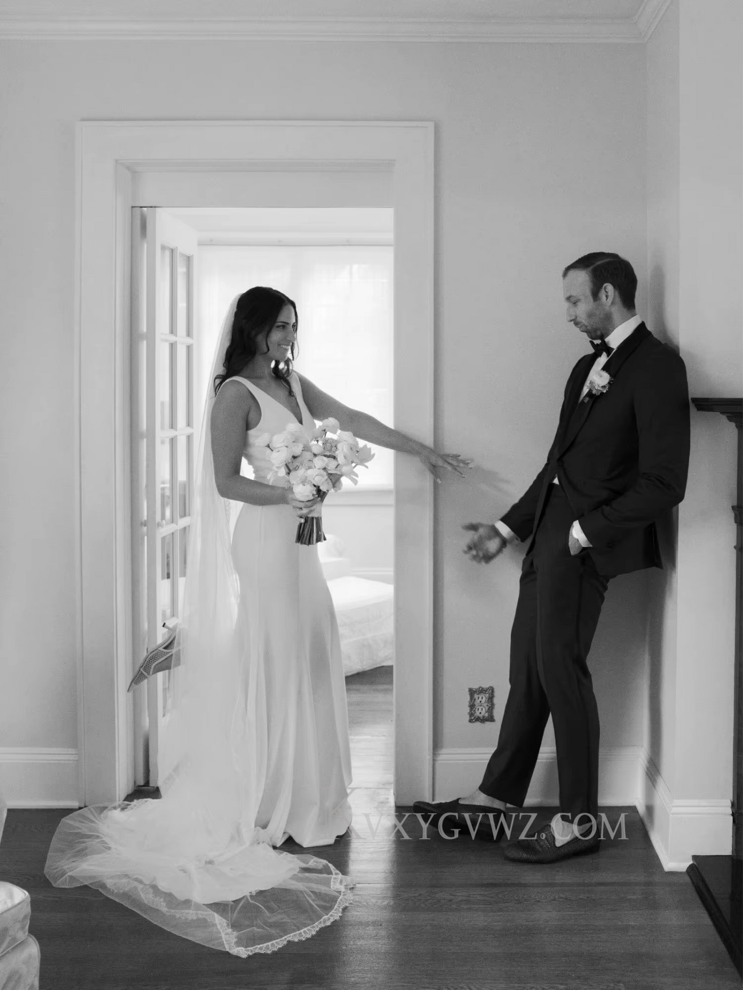 Sexy Deep V Neck Satin Sweep Train Wedding Gown/Dress HS405