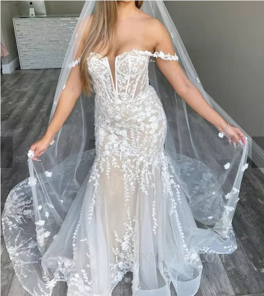 Off The Shoulder Mermaid Sweep Train Wedding Gown/Dress With Appliques HS467