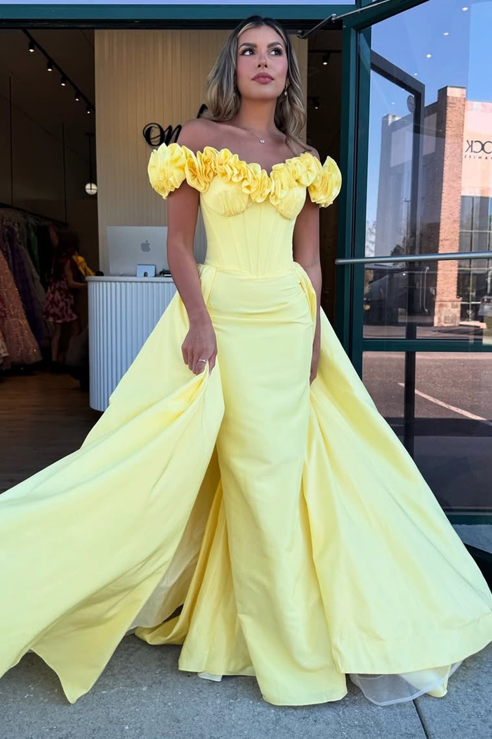Mermaid Off the Shoulder Yellow Satin Long Prom Dress Gown LF1349