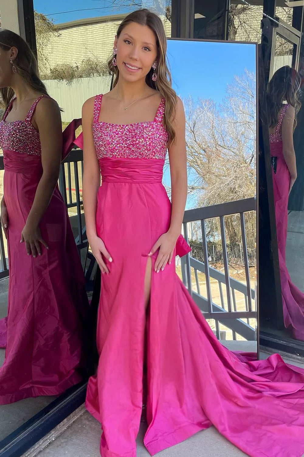 Mermaid Square Neck Fuchsia Satin Long Prom Dress Gown with Slit LF1187