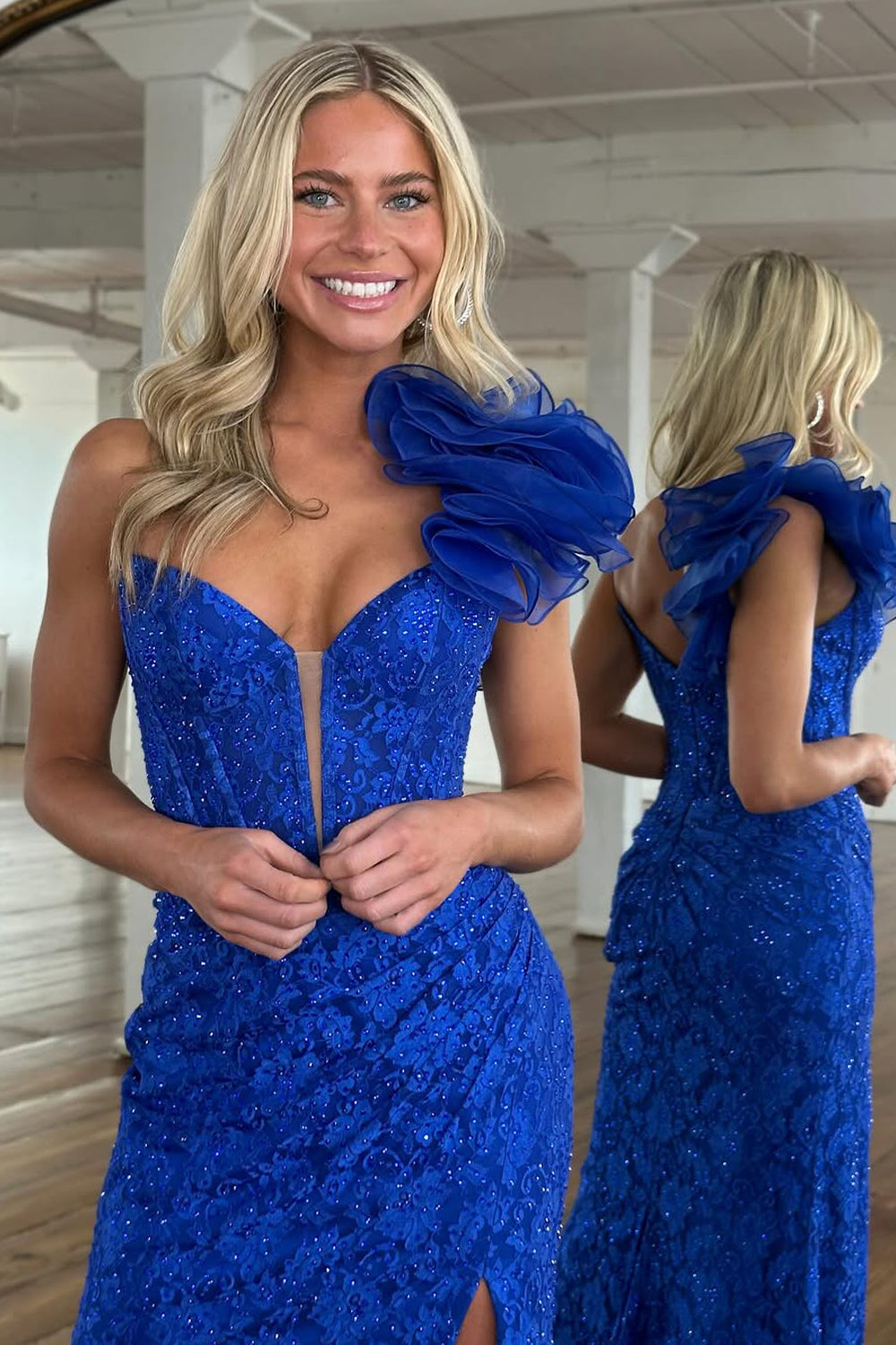Mermaid One Shoulder Royal Blue Lace Long Prom Dress Gown with Slit LF1365