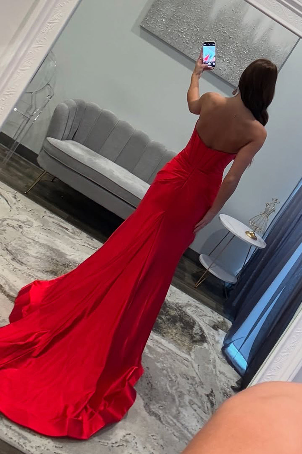 Mermaid Strapless Keyhole Red Satin Long Prom Dress Gown with Slit LF1212