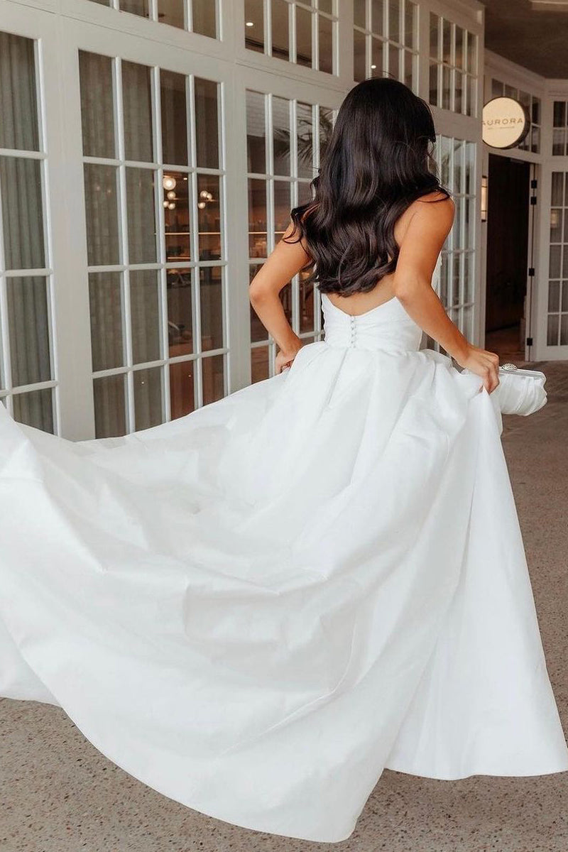 A-Line White Satin Strapless Wedding Dresses Gown with Slit HS759