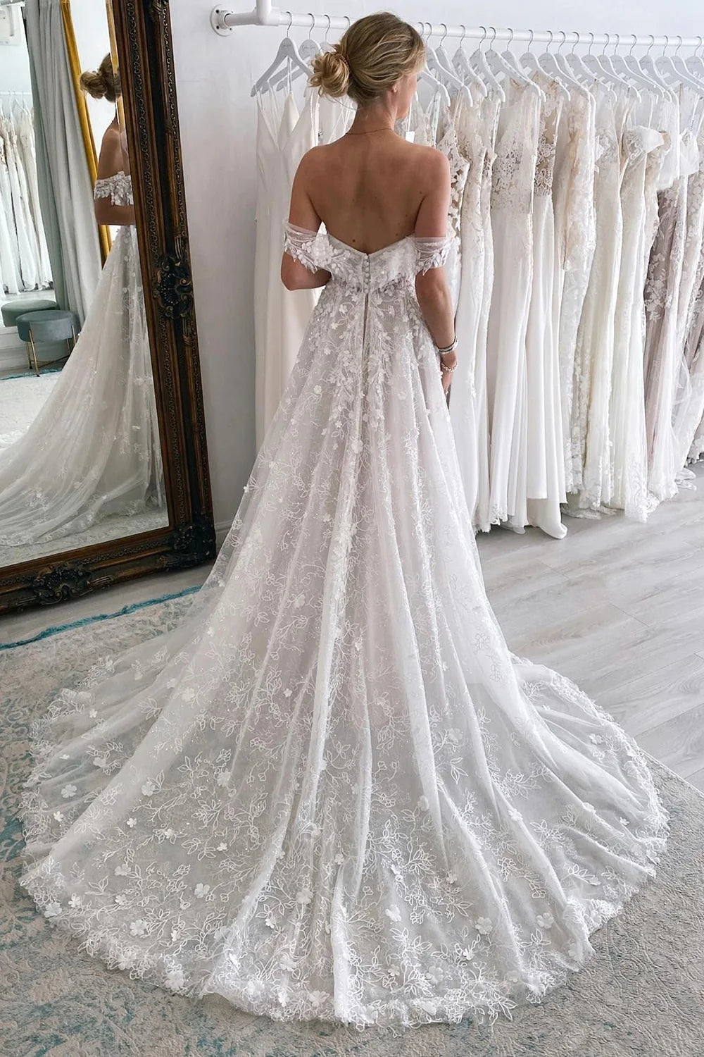 Boho A-Line Off the Shoulder Lace Wedding Dresses Gown HS779