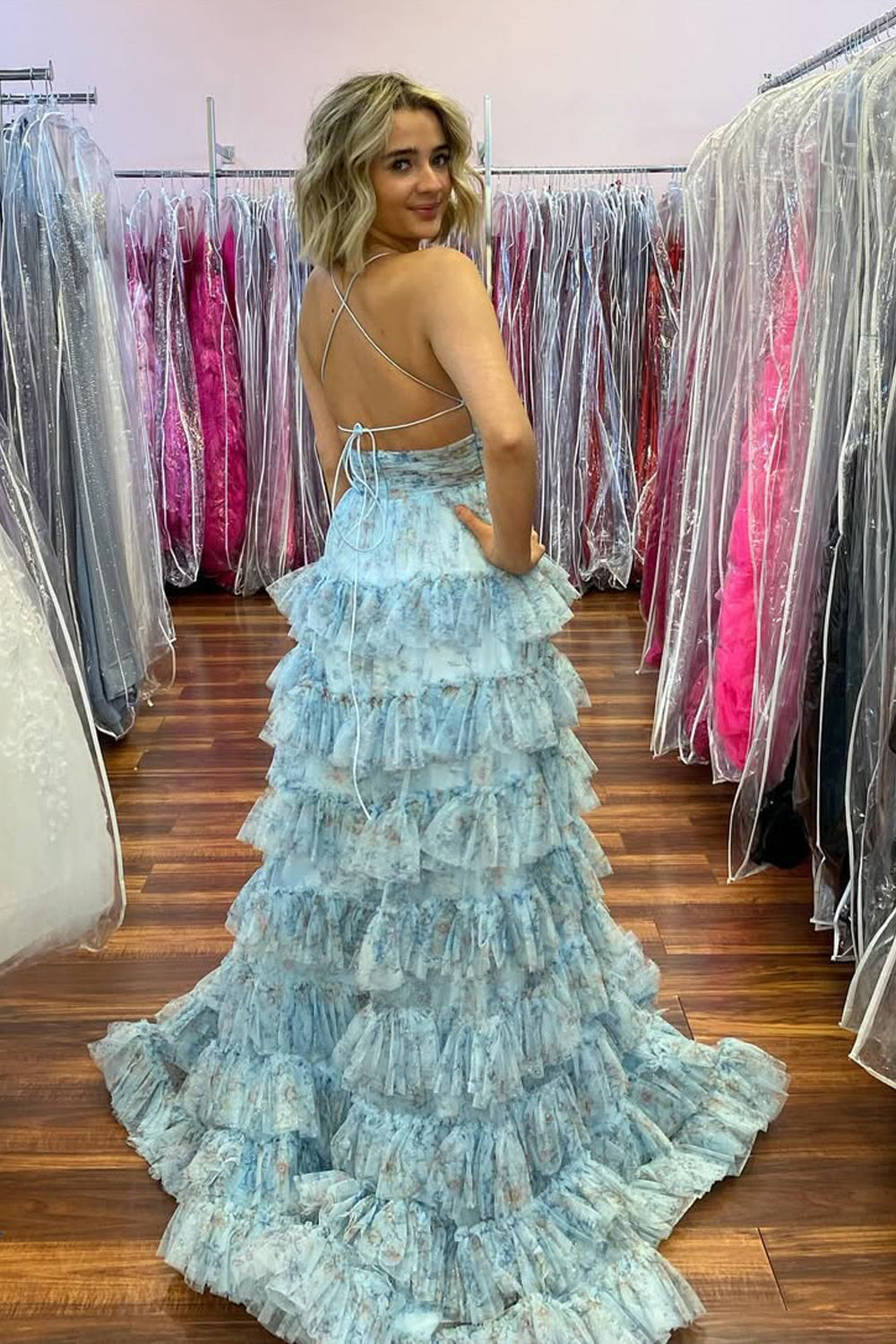 Fairy A Line V Neck Floral Printed Tiered Tulle Prom Dress Gown with Slit LF1217