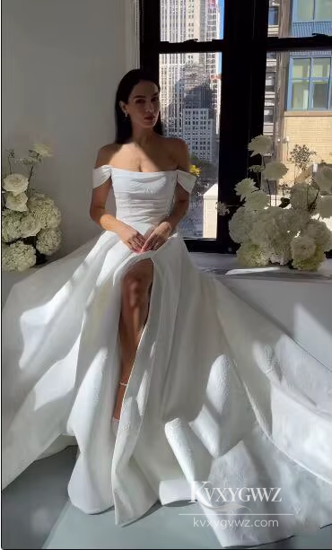Modern Off-Shoulder Satin A-Line Wedding Dress with High Slit for a Chic Bridal Gown HS464