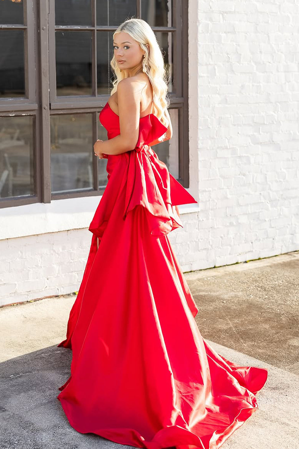 Mermaid Strapless Red Satin Long Prom Dress Gown with Bowknot LF1329