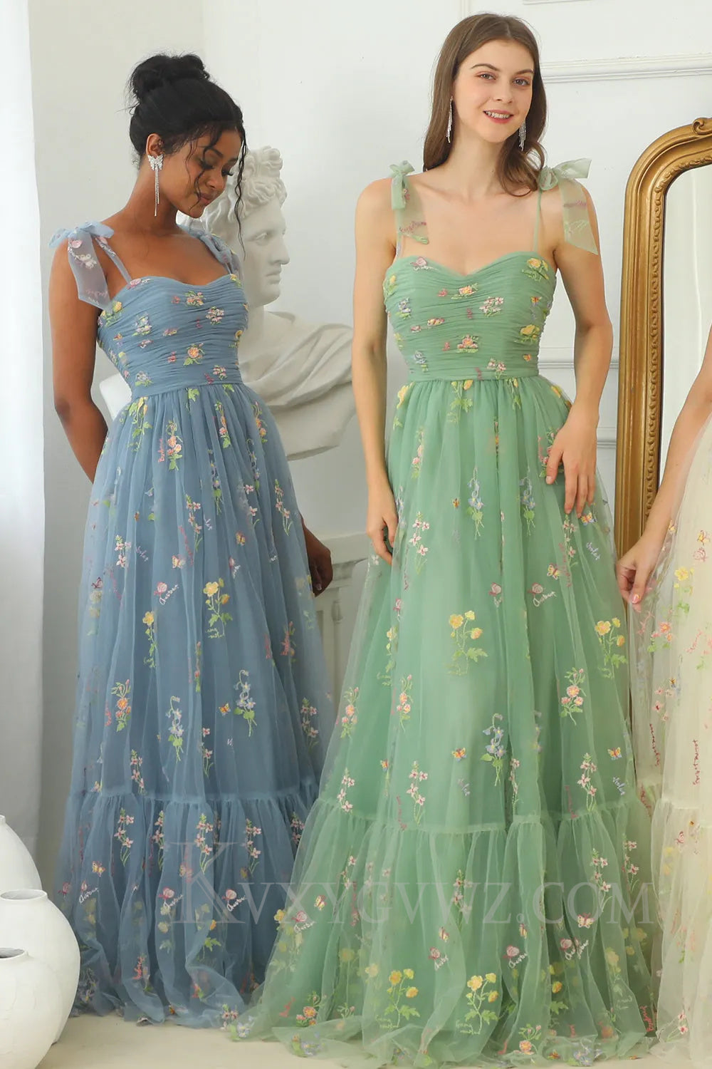 Green Embroidery Floor length A Line Long Prom Dress LF040