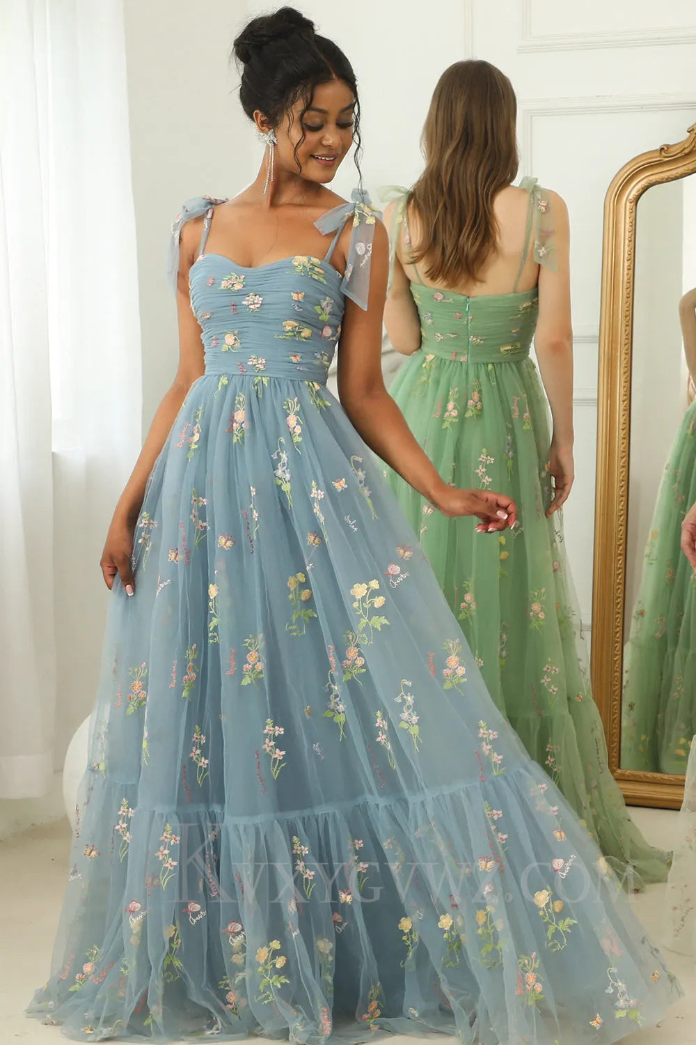 Green Embroidery Floor length A Line Long Prom Dress LF040