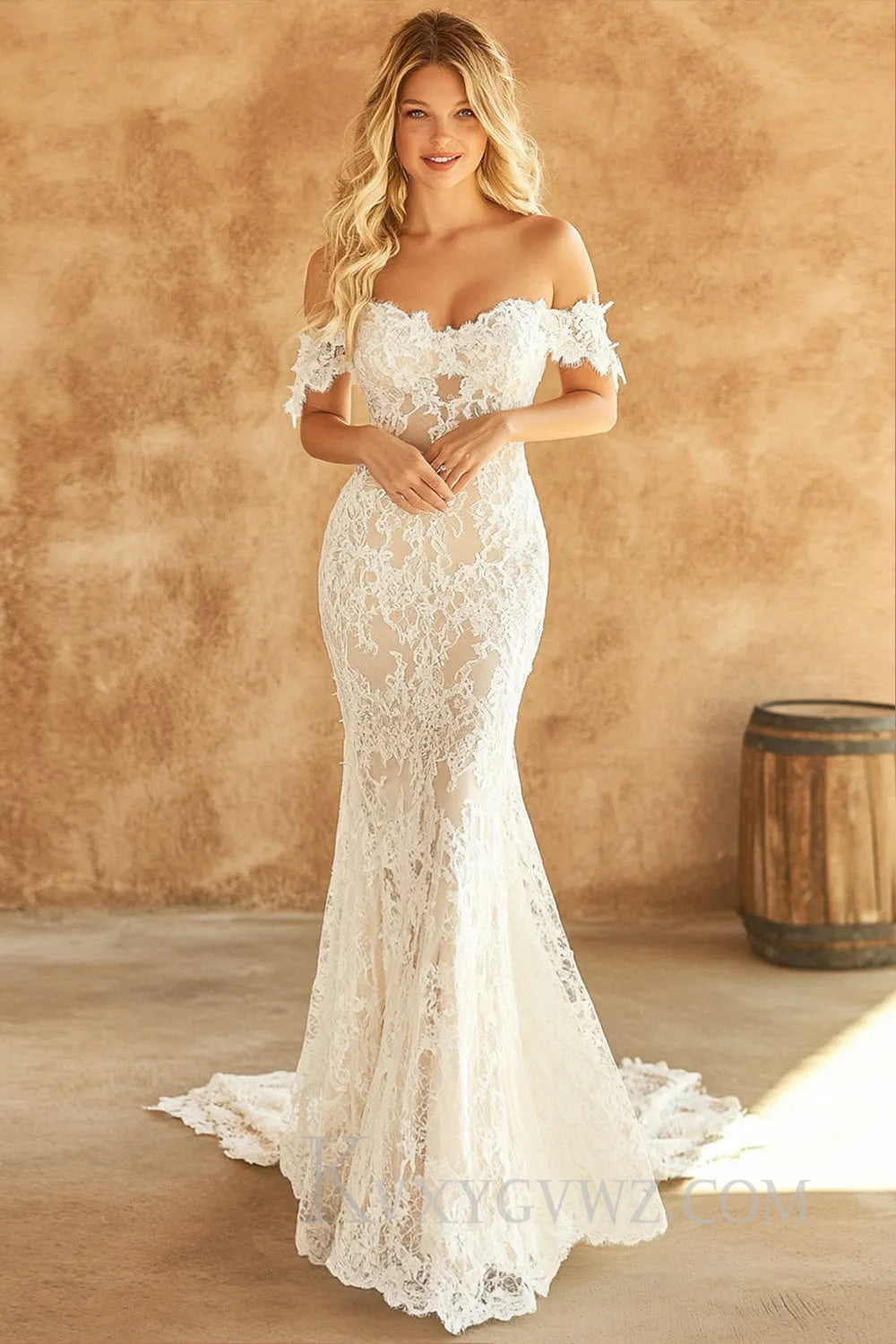 White Lace Mermaid Off the Shoulder Sweep Train Wedding Dress HS403