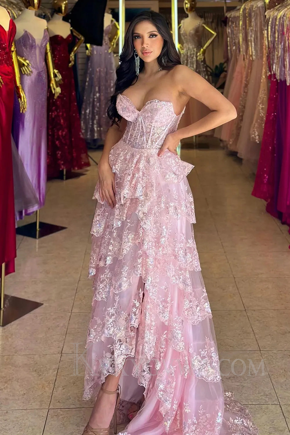 Sparkly Blue Strapless Corset Long Sequined Prom Dress with Slit LF041