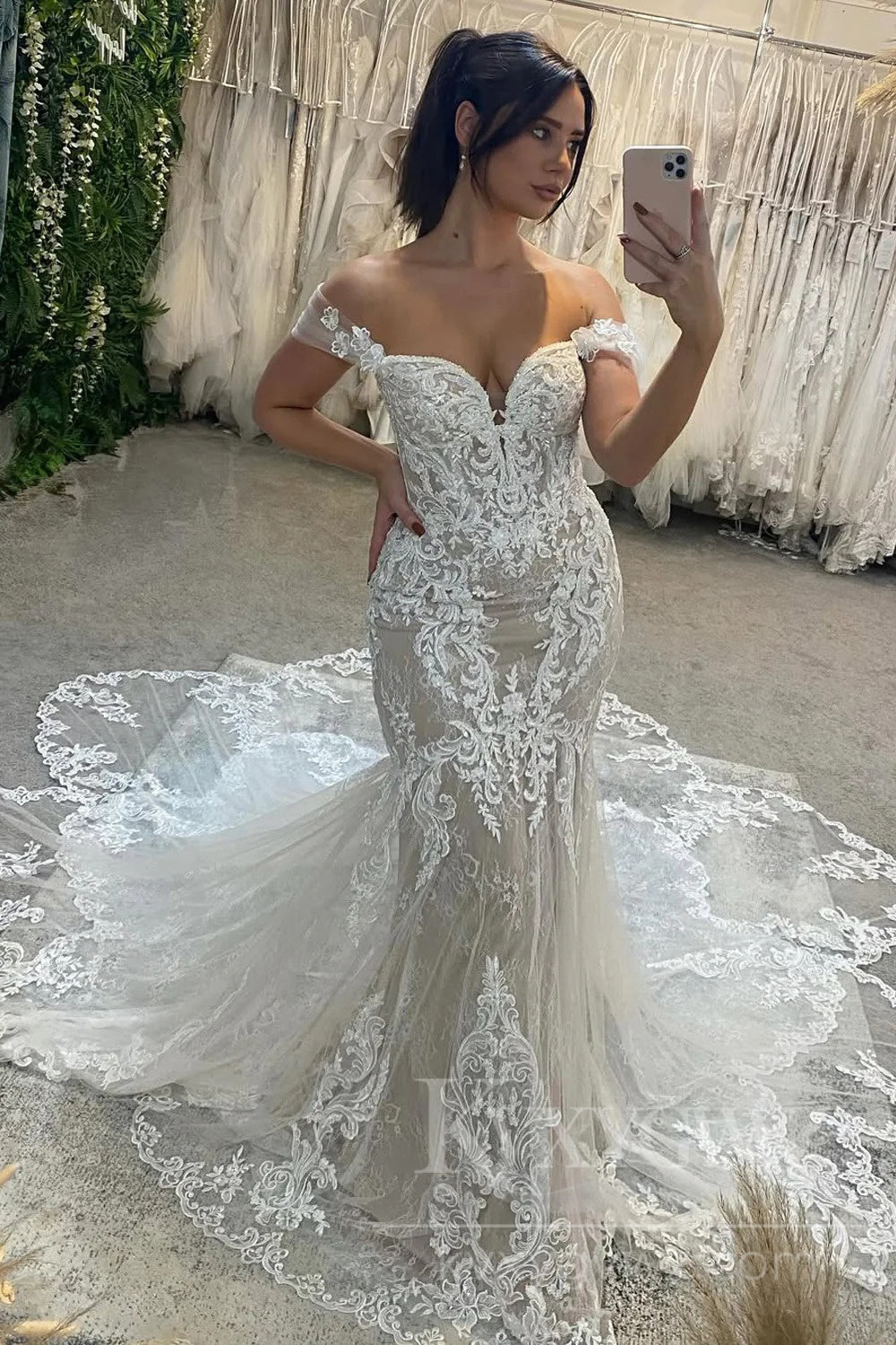 Mermaid Off the Shoulder Lace Wedding Dresses/Gowns with Train HS413