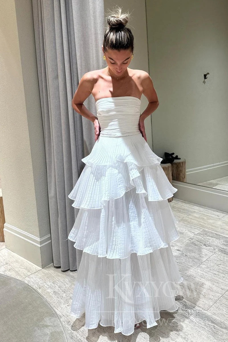 Cute A-Line Strapless Tiered Organza Satin Wedding Dresses/Gowns HS415