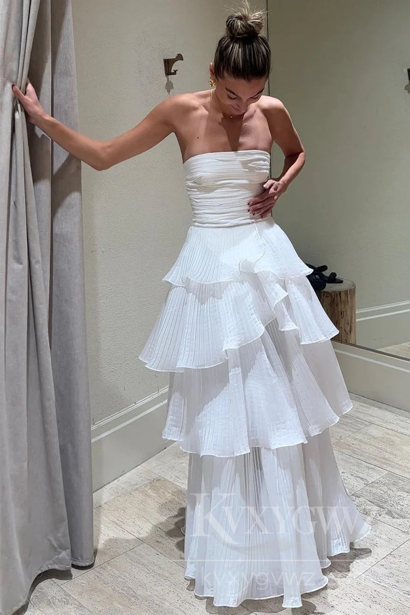 Cute A-Line Strapless Tiered Organza Satin Wedding Dresses/Gowns HS415