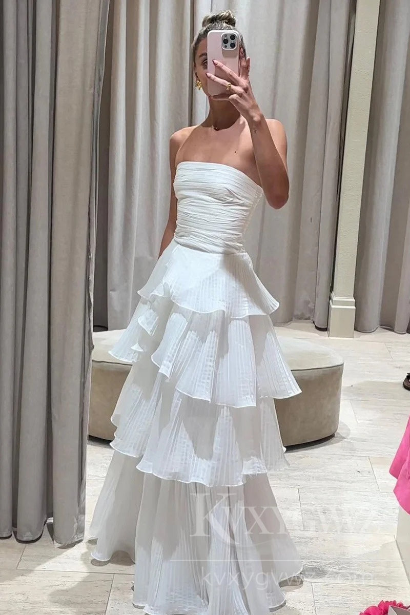Cute A-Line Strapless Tiered Organza Satin Wedding Dresses/Gowns HS415
