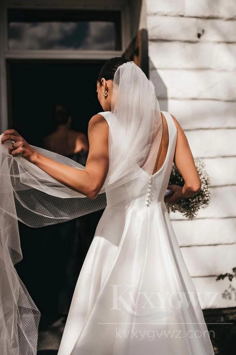 Exquisite A-Line Square Neck White Satin Wedding Dresses/Bridal Gowns HS416