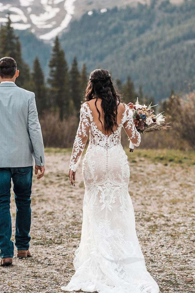 Elegant Lace Mermaid Wedding Dress with Long Sleeves for a Timeless Bridal Look HS417