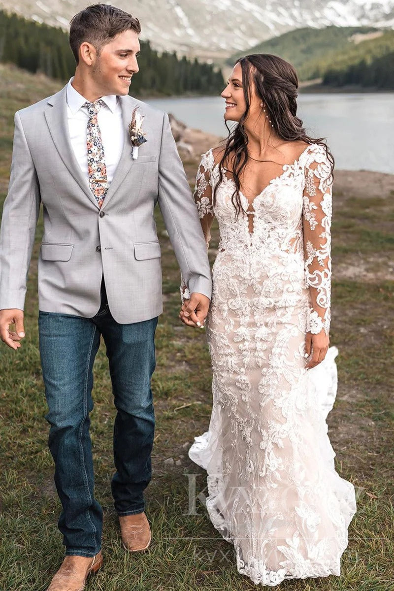 Elegant Lace Mermaid Wedding Dress with Long Sleeves for a Timeless Bridal Look HS417